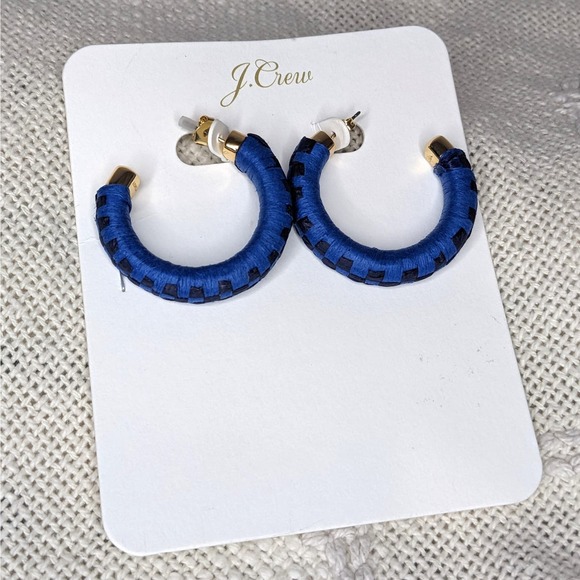 NEW J. Crew Raffia Hoop Earrings Blue Gold Style #B1322 MSRP $68 - Picture 3 of 7
